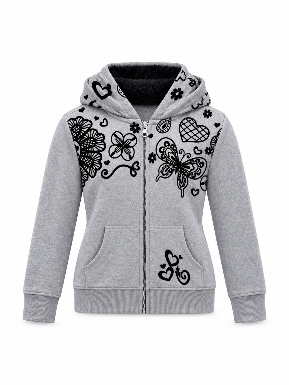 Place Grey Zip-Up Hoodie with Black Butterfly & Heart Graphics